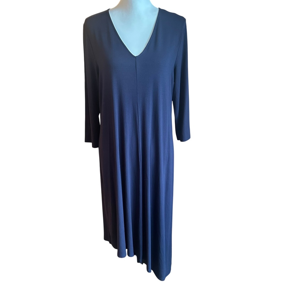 Eileen Fisher a Dress Womens L Navy Blue Asymmetric Hem 3/4 Sleeve‎ V Neck Knit